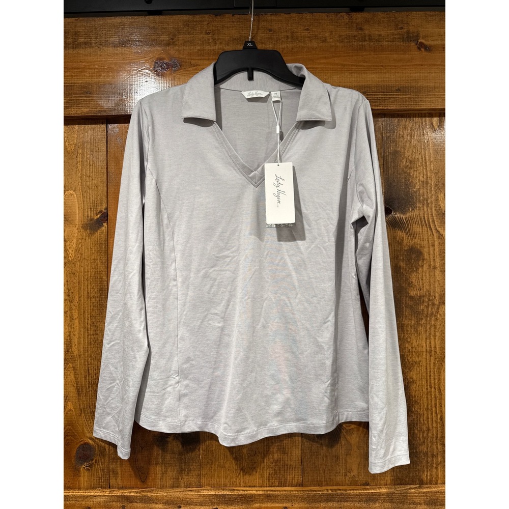 Lady Hagen Womens Space Dye Long Sleeve Polo Shirt Grey Hi Rise Medium NWT